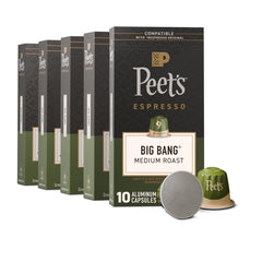 Peet's front packaging showing five boxes and key roast details for clear purchase benefit