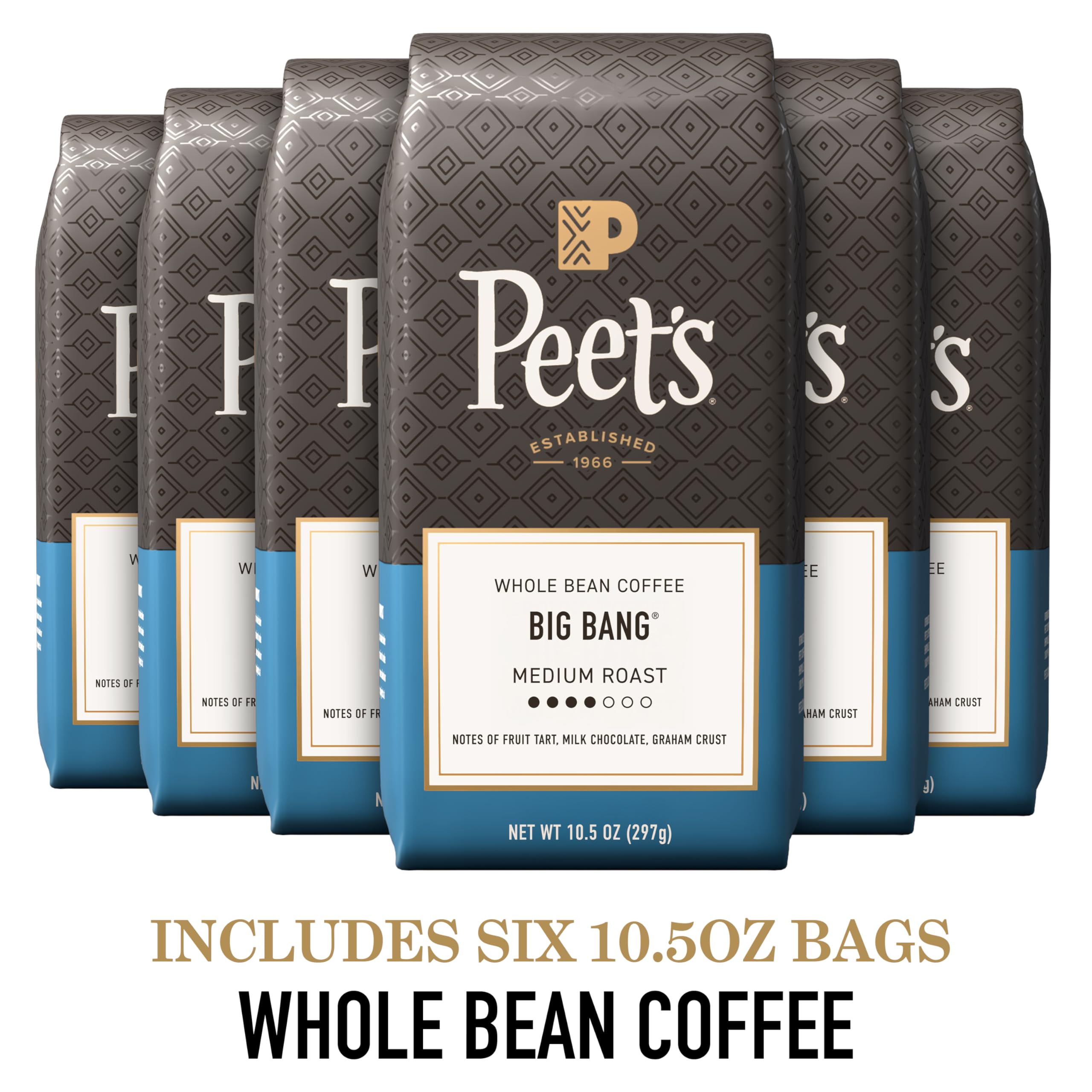 Peet's Big Bang open bag of whole beans emphasizing freshness and storage benefit
