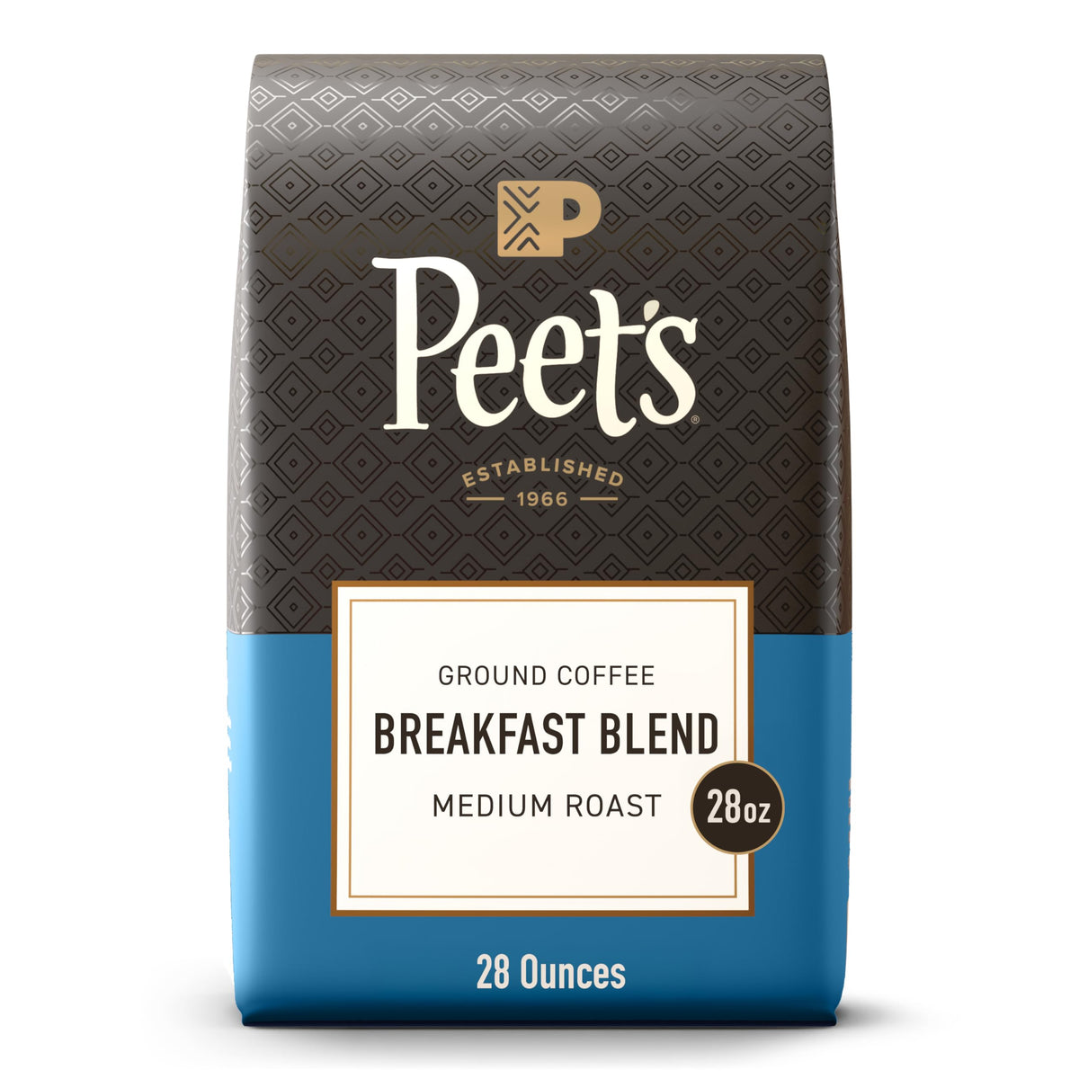 Peet's Coffee front packaging showing 28 ounce bag and benefits