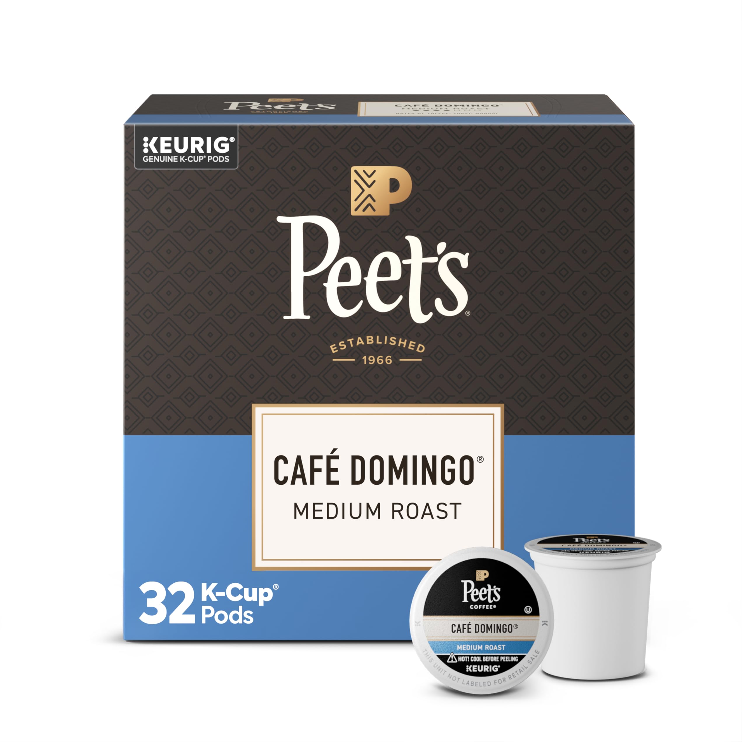 Peet's Café Domingo box front showing package design and 32 pods for convenience