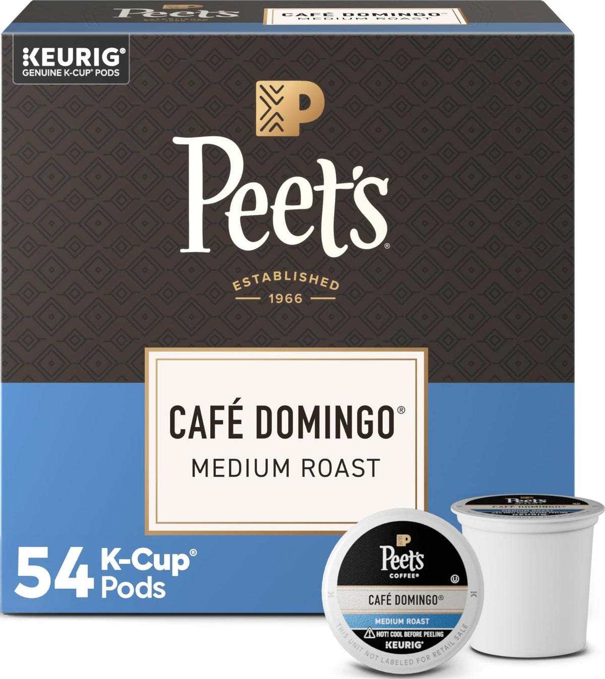Peet's Café Domingo front box showing 54-count packaging and benefits