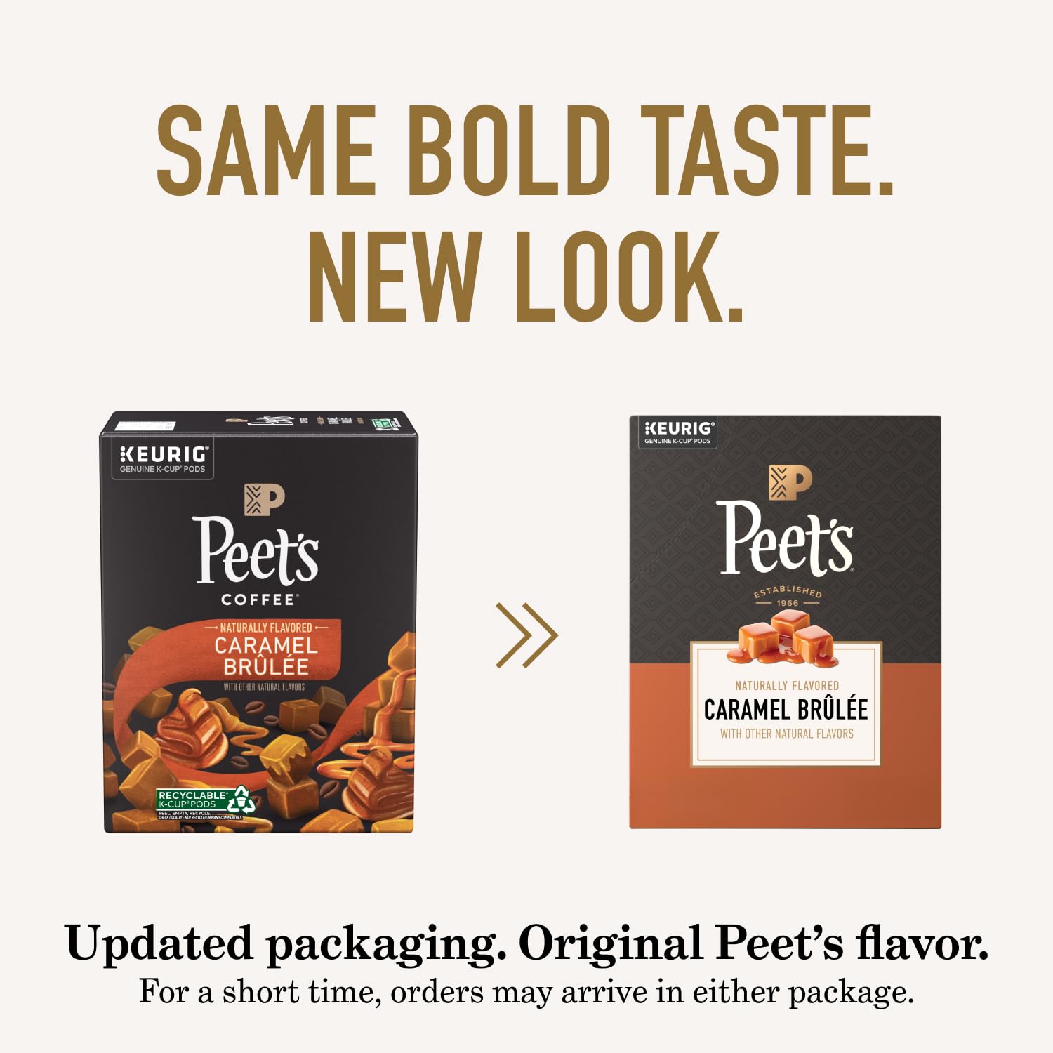 Peet's brewed cup of Caramel Brûlée coffee showing crema and aroma, ready to enjoy