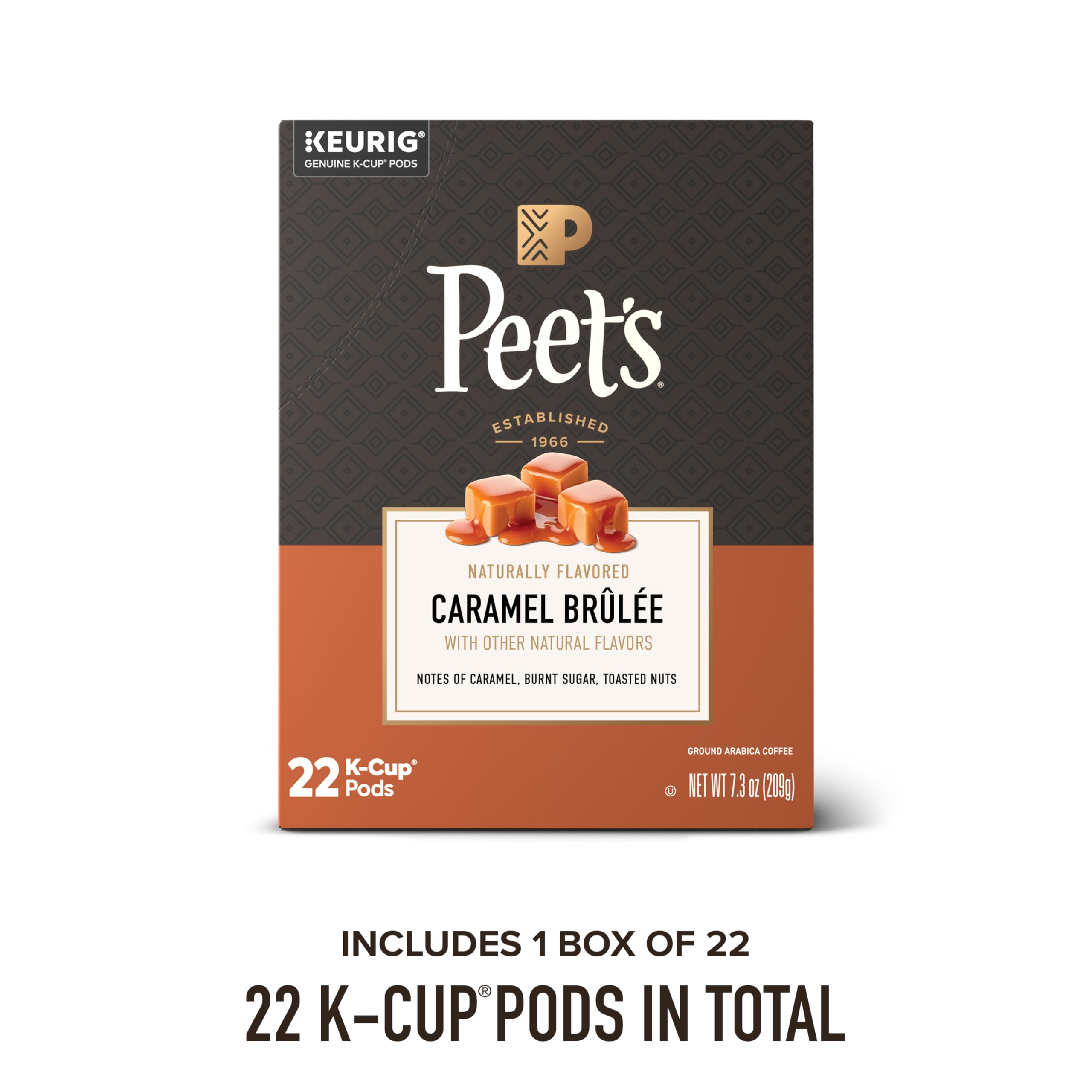 Peet's Caramel Brûlée K-Cup close-up showing pod texture and easy-use benefit