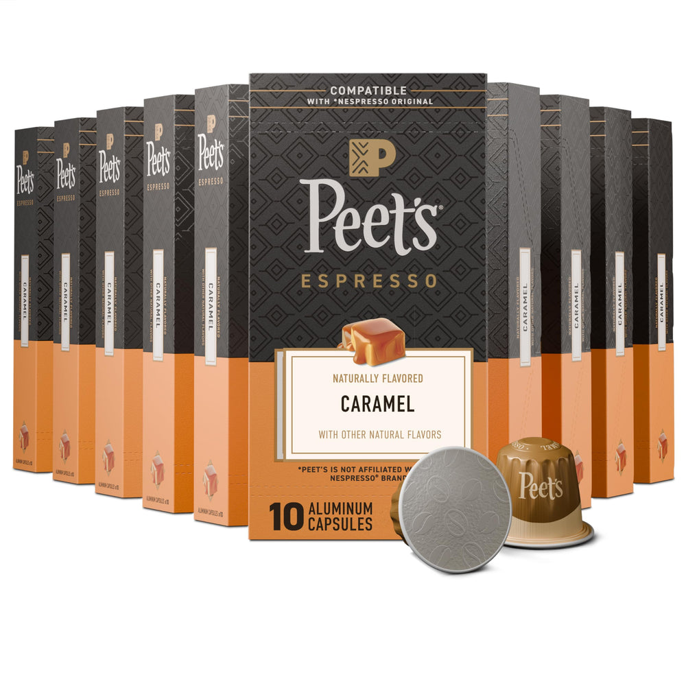 Peet's front pack of caramel espresso capsules showing packaging and convenience