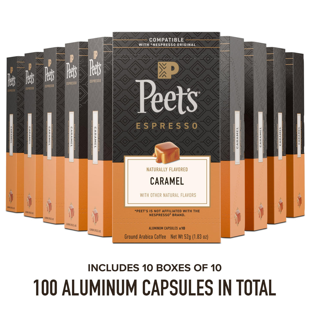 Peet's single aluminum caramel espresso capsule highlighting sealed freshness