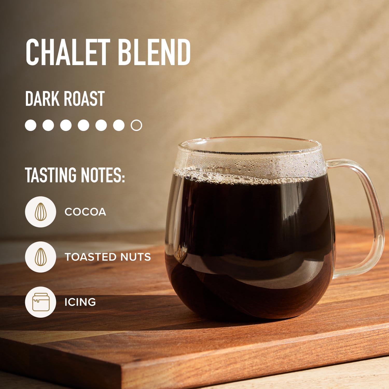 Packaging label close-up on Peet's Chalet Blend highlighting roast and origin information