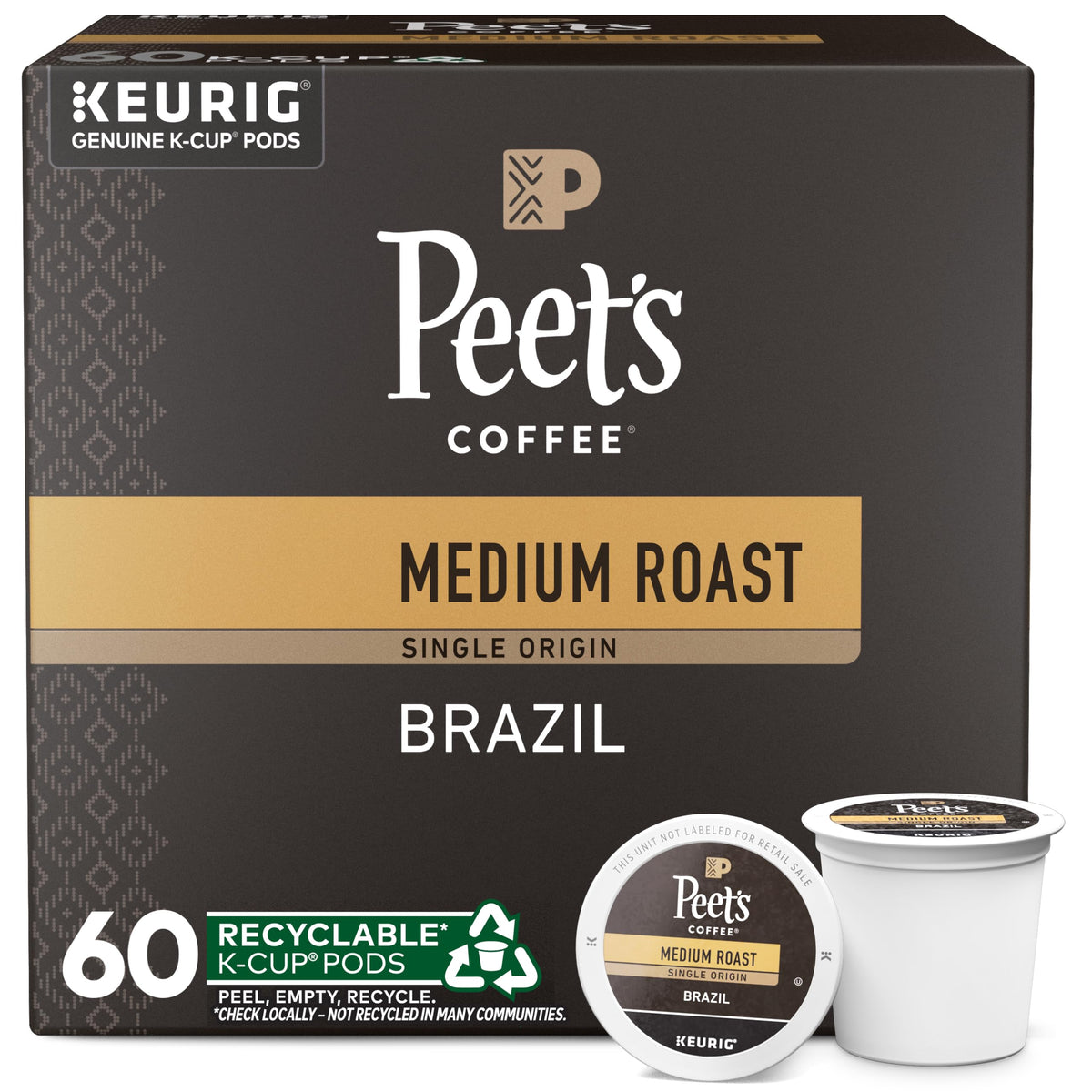 Peet's Coffee front packaging showing 60 K-Cup pods and roast details for convenience