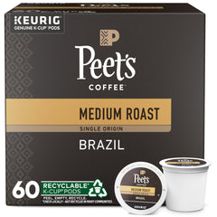 Peet's Coffee front packaging showing 60 K-Cup pods and roast details for convenience