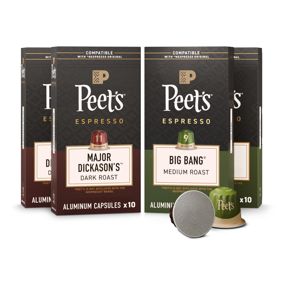 Peet's front packaging showing variety pack and capsule count for easy choice