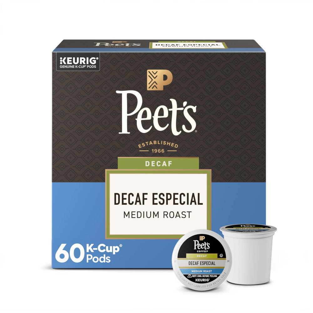 Peet's Coffee front packaging showing decaf especial K-Cups and benefits