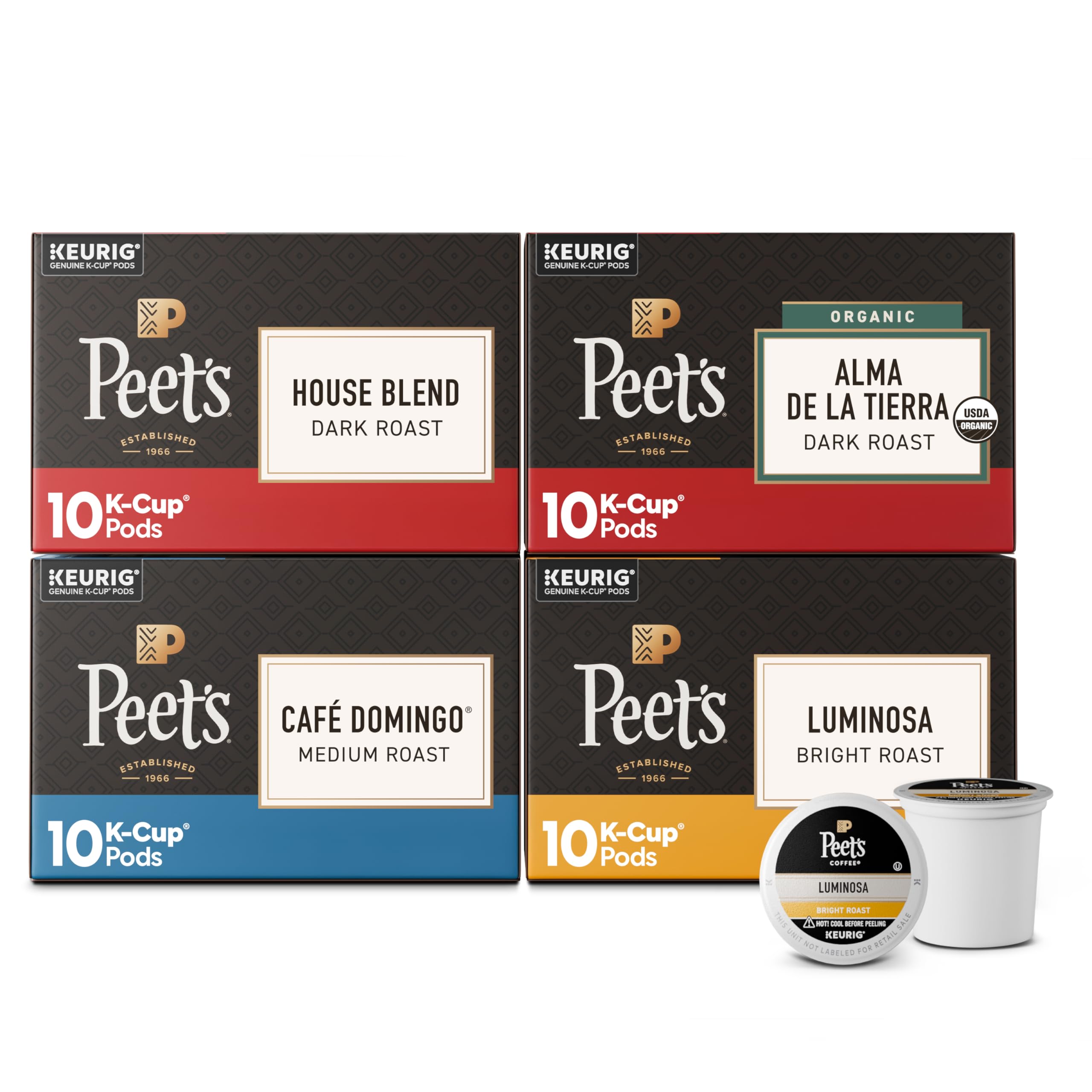 Peet's front packaging showing four-box variety pack and easy single-serve convenience