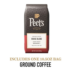 Peet's close-up bag label highlighting roast level and blend benefits