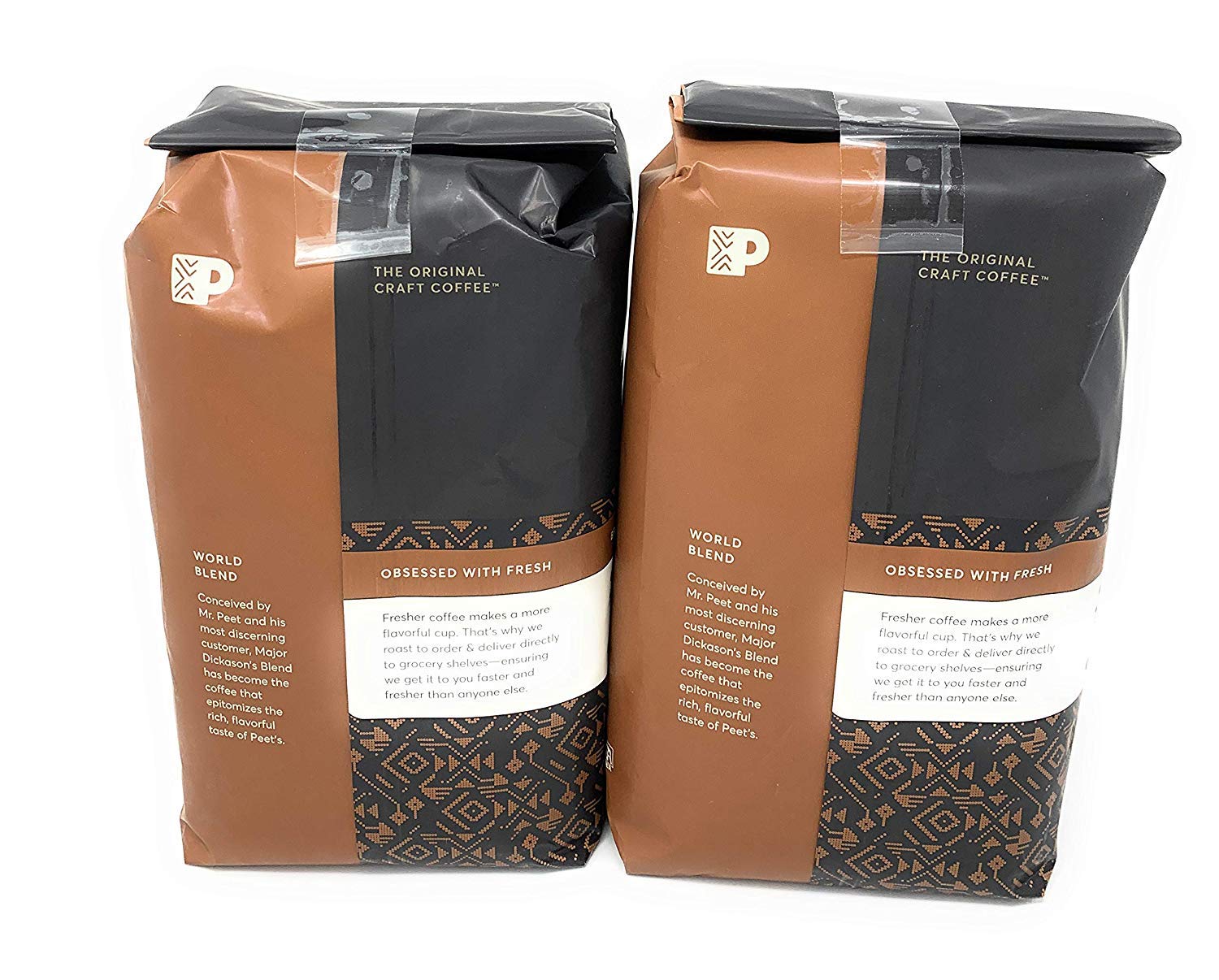 Peet's Coffee close-up of whole beans revealing roast texture, ensures freshness