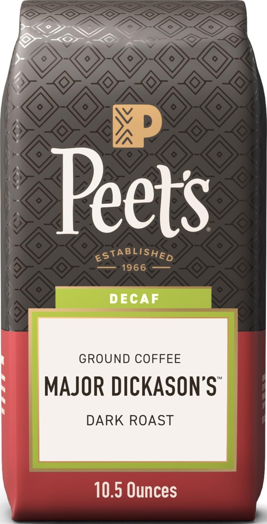 Peet's front packaging showing 10.5 oz decaf bag, preserves freshness