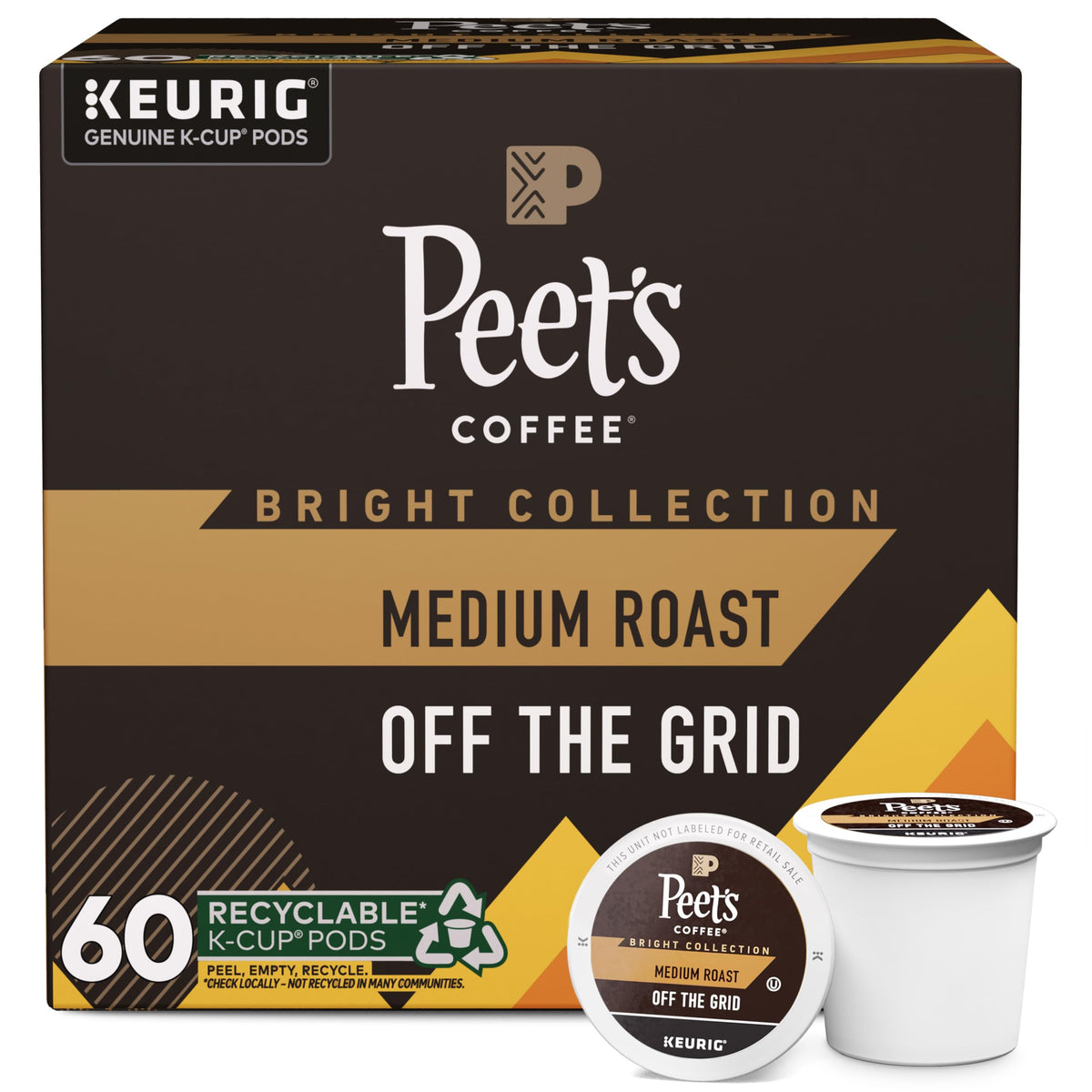 Peet's front packaging of Off The Grid 60-count showing brand and blend benefits