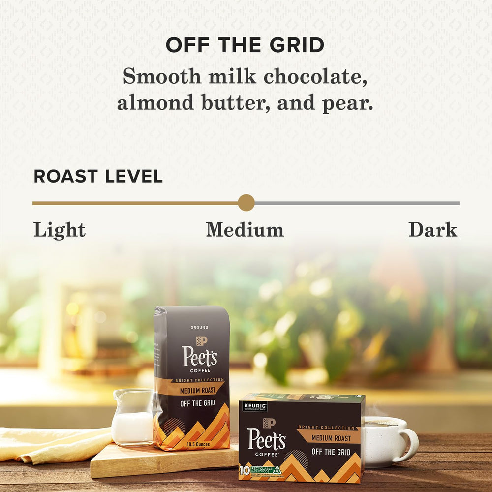 Peet's top-down view of ground coffee from Off The Grid showing smooth medium-roast texture