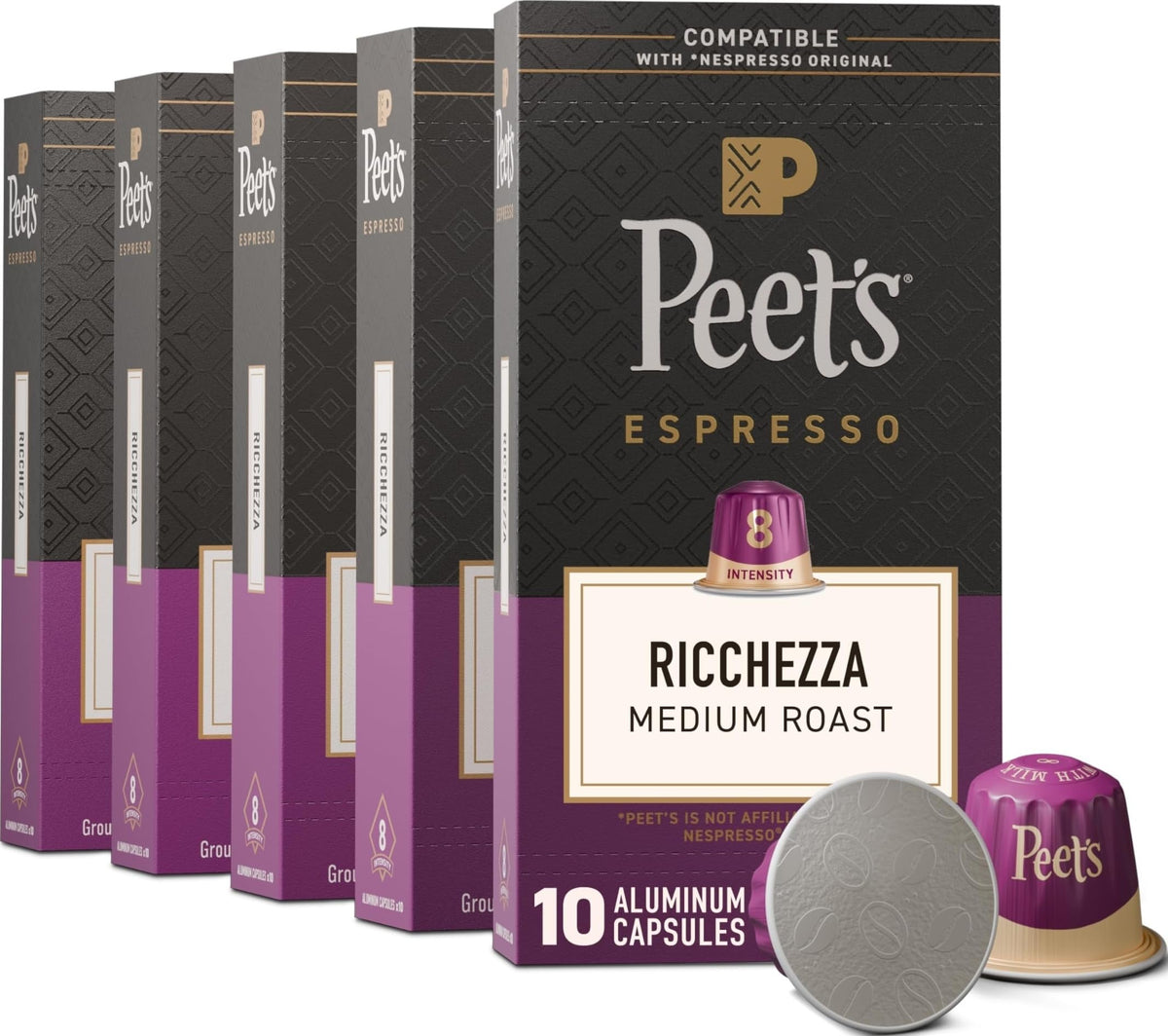 Peet's Ricchezza front packaging showing 50-count and medium roast benefits