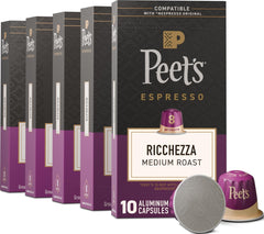 Peet's Ricchezza front packaging showing 50-count and medium roast benefits