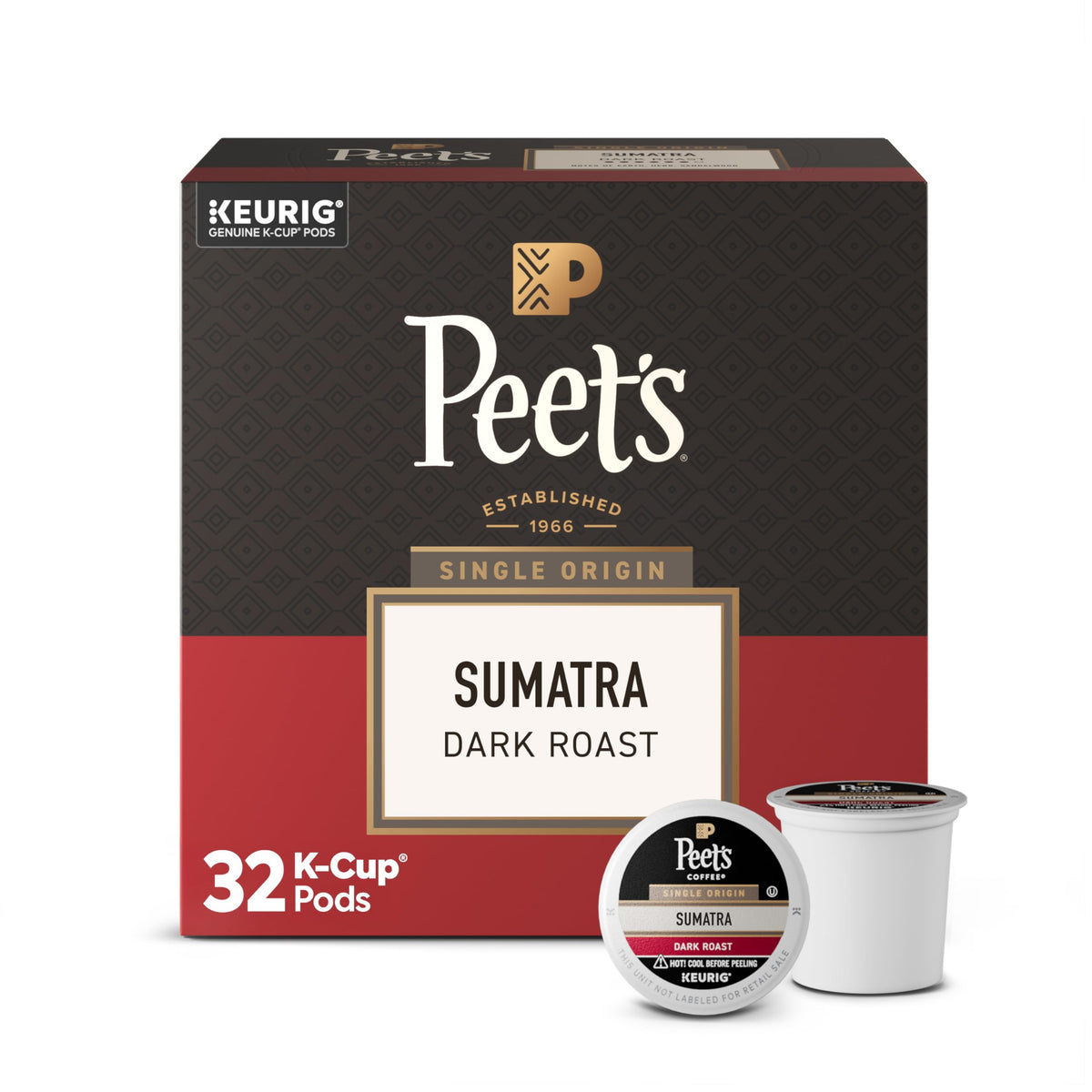 Peet's Coffee front box of 32 Sumatra K‑Cups showing branding and bold roast benefit