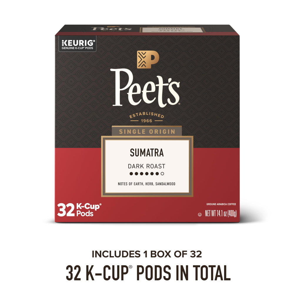Peet's Coffee single Sumatra K‑Cup closeup emphasizing pod design and fast brewing benefit