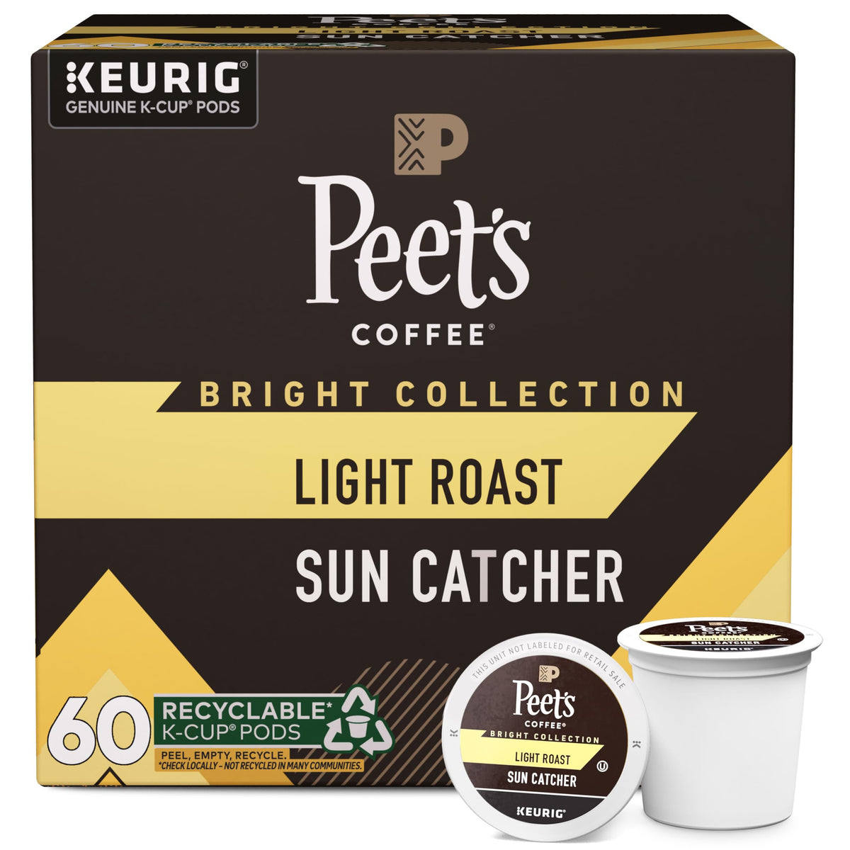 Peet's Sun Catcher front packaging showing 60 K-Cup pods and bright design benefits visibility