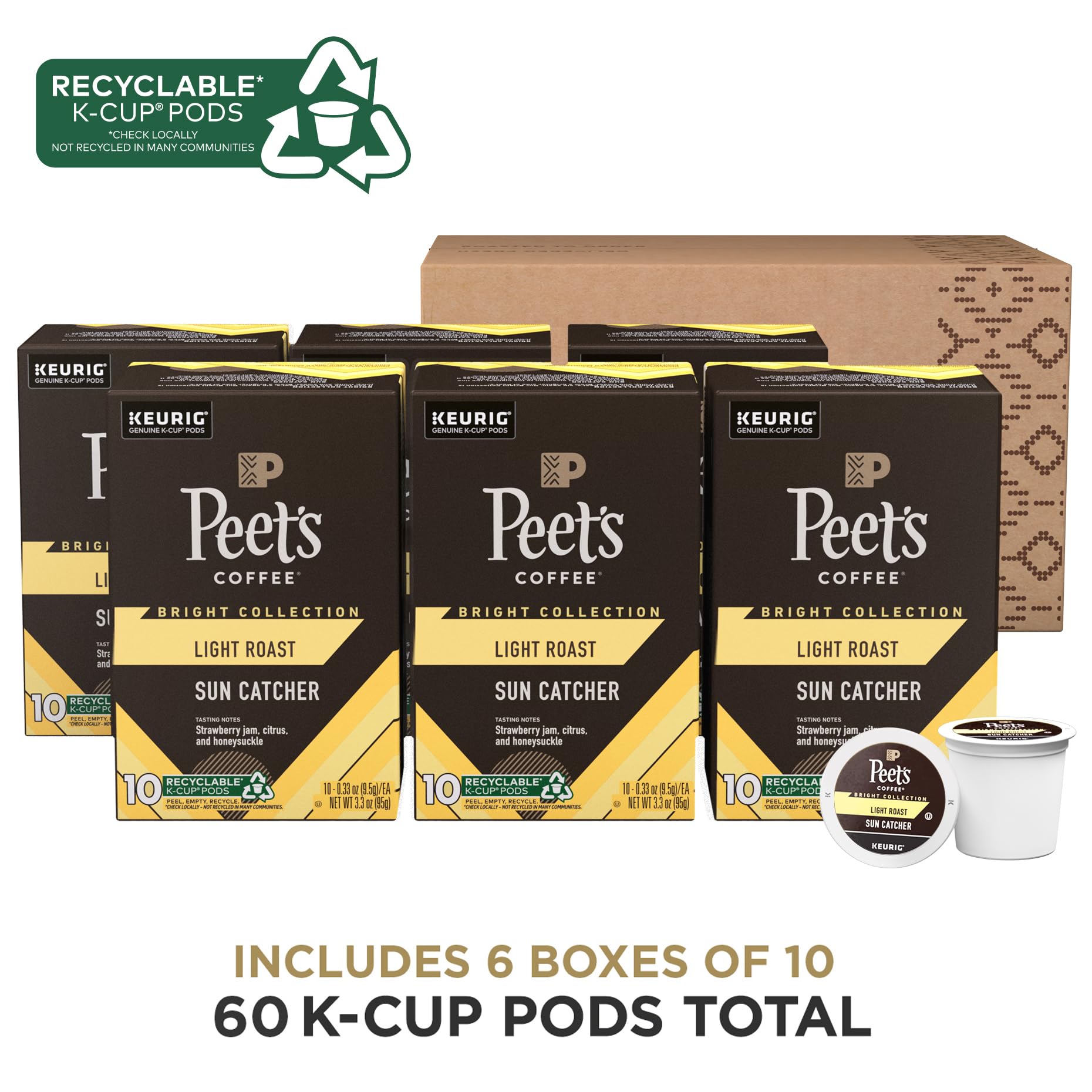 Peet's Sun Catcher K-Cup close-up displaying pod lid texture and easy single-serve convenience