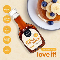 Peggy's Food drizzled over pancakes illustrating maple flavor boost