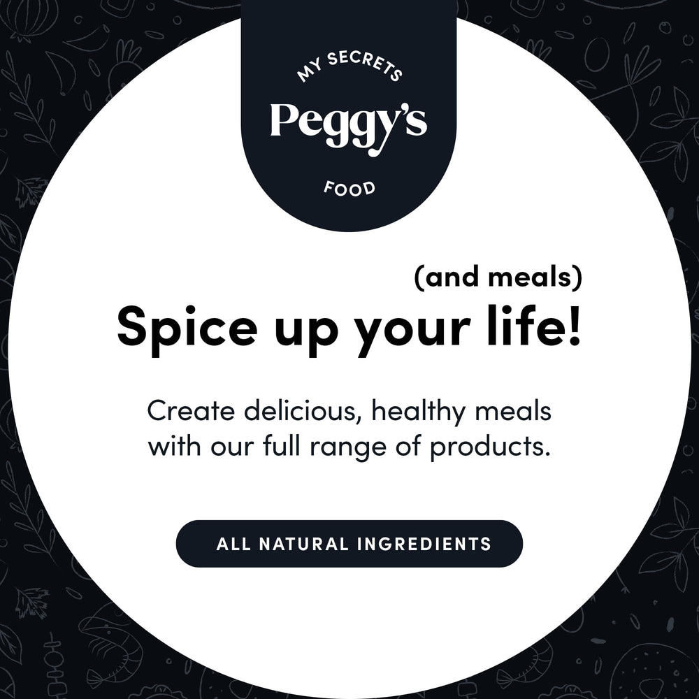 Peggy's Food bottle beside a measuring spoon to show 12 oz scale