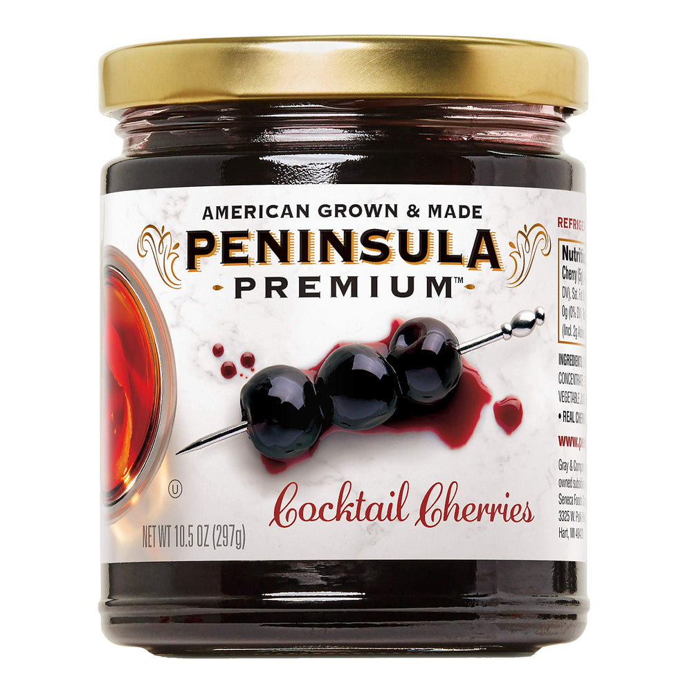 Peninsula Premium front jar view showing deep burgundy cherries and premium label, elegant presentation