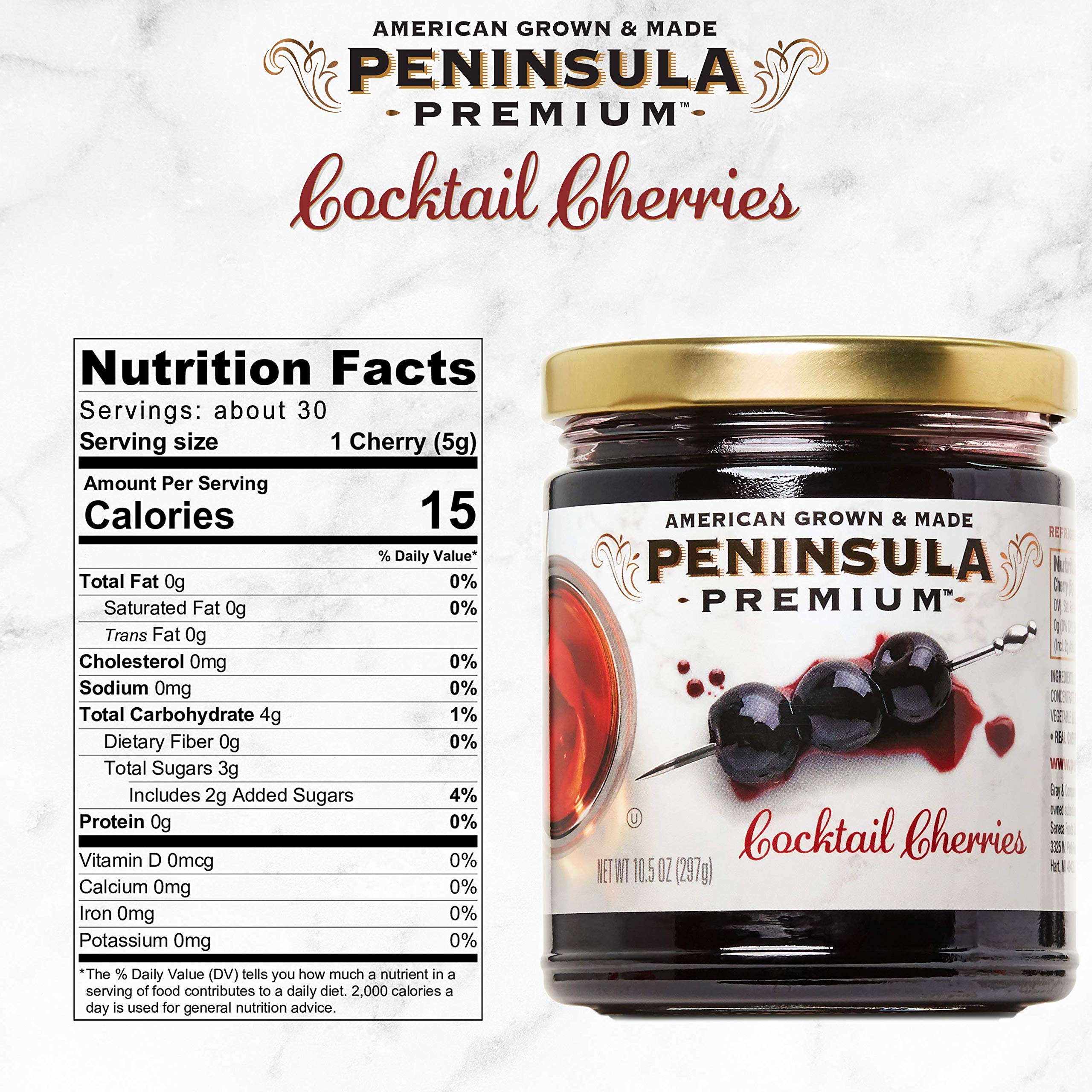 Peninsula Premium single cherry detail showing firm texture and rich color for superior garnish appeal