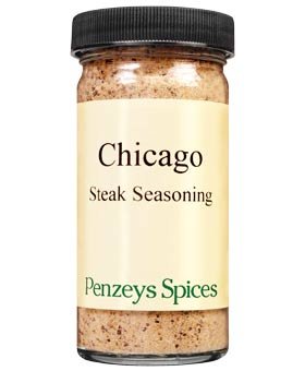 Penzeys Chicago Steak Seasoning jar front view showing label and convenient size benefit
