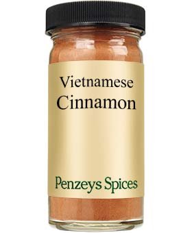 Penzeys jar front view showing label and rich cinnamon, enhancing baking flavor