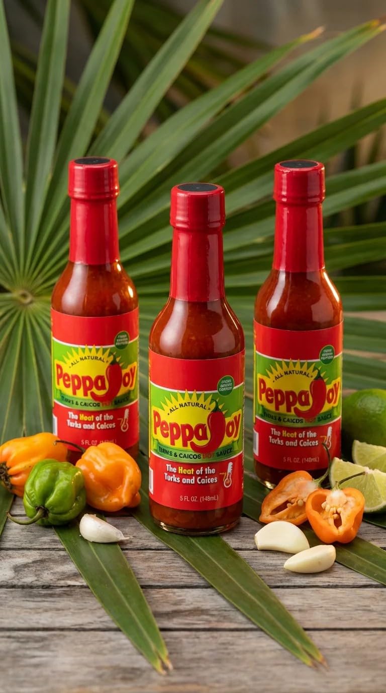 Peppajoy bottle staged with Turks and Caicos backdrop suggests brand island inspiration