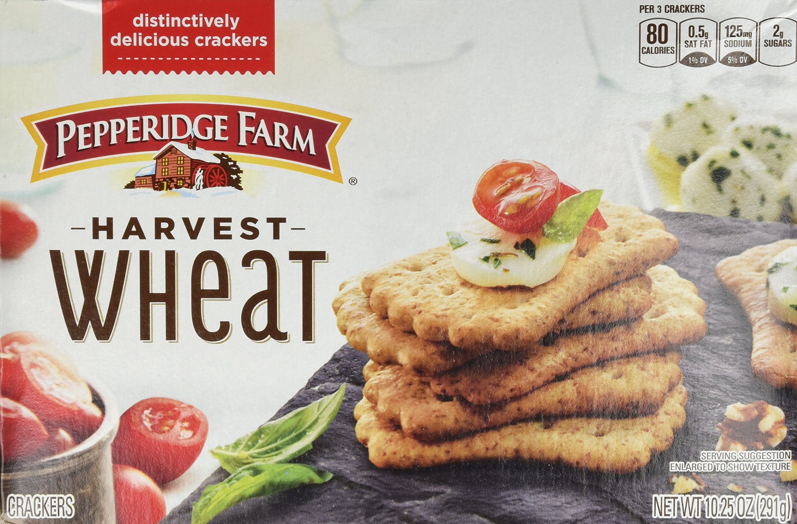 Pepperidge Farm front packaging showing crackers, crisp texture for versatile snacking