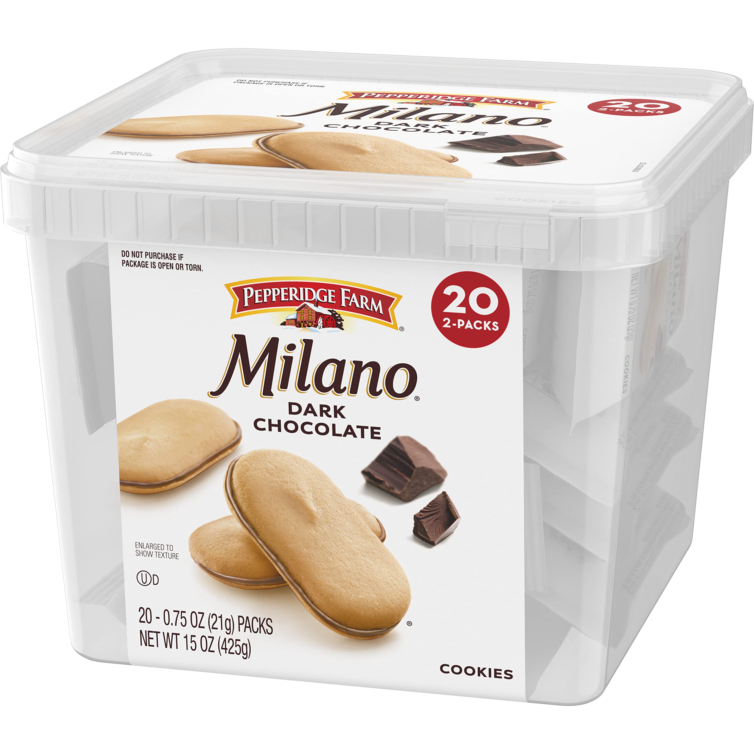 Pepperidge Farm stacked Milano cookies displaying dark chocolate filling contrast