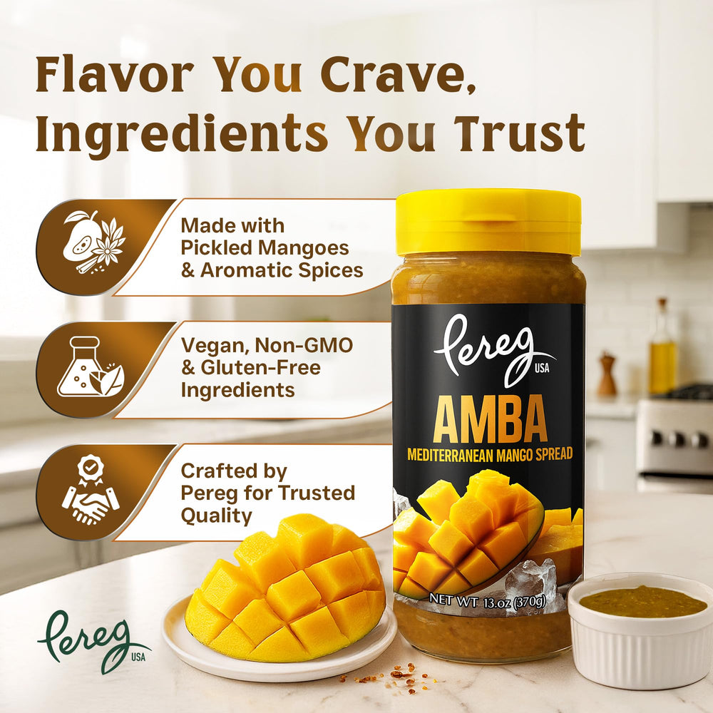 Pereg Amba close-up texture showing chunky mango and spice for flavorful depth