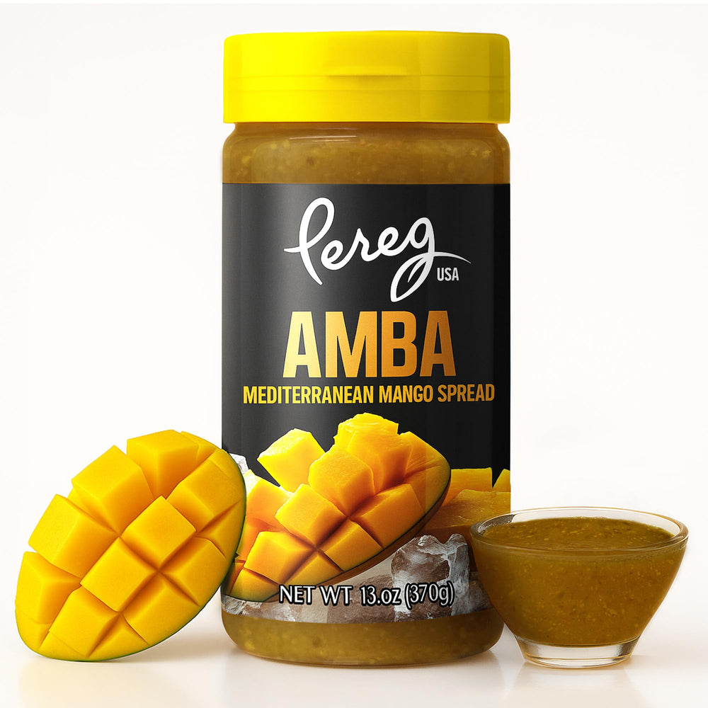 Pereg Amba front label showing brand and jar for quick identification