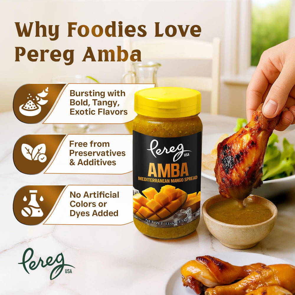 Pereg Amba beside fresh mangoes and spices illustrating natural ingredients