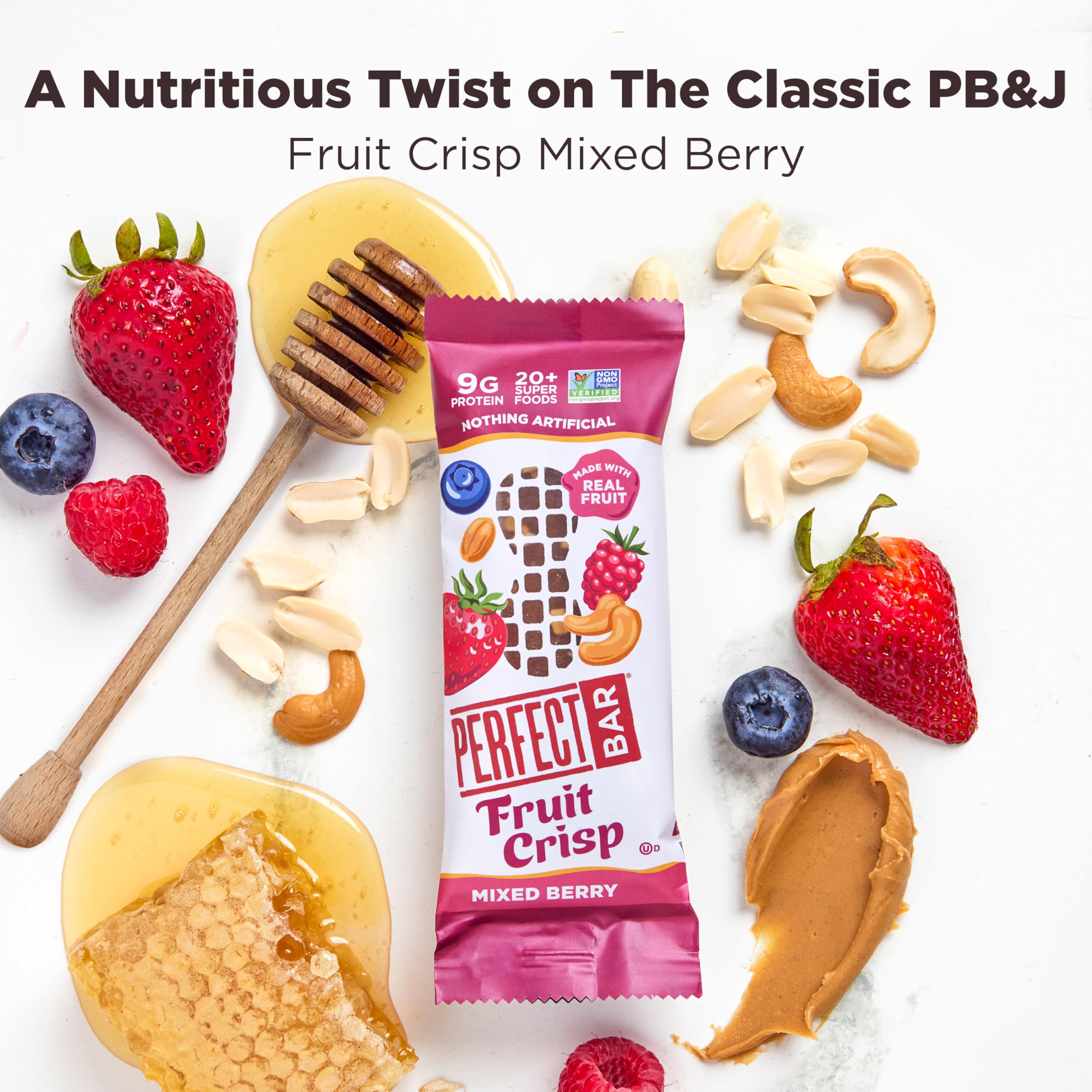 Perfect Bar ingredients spread with oats, nuts, berries for transparency