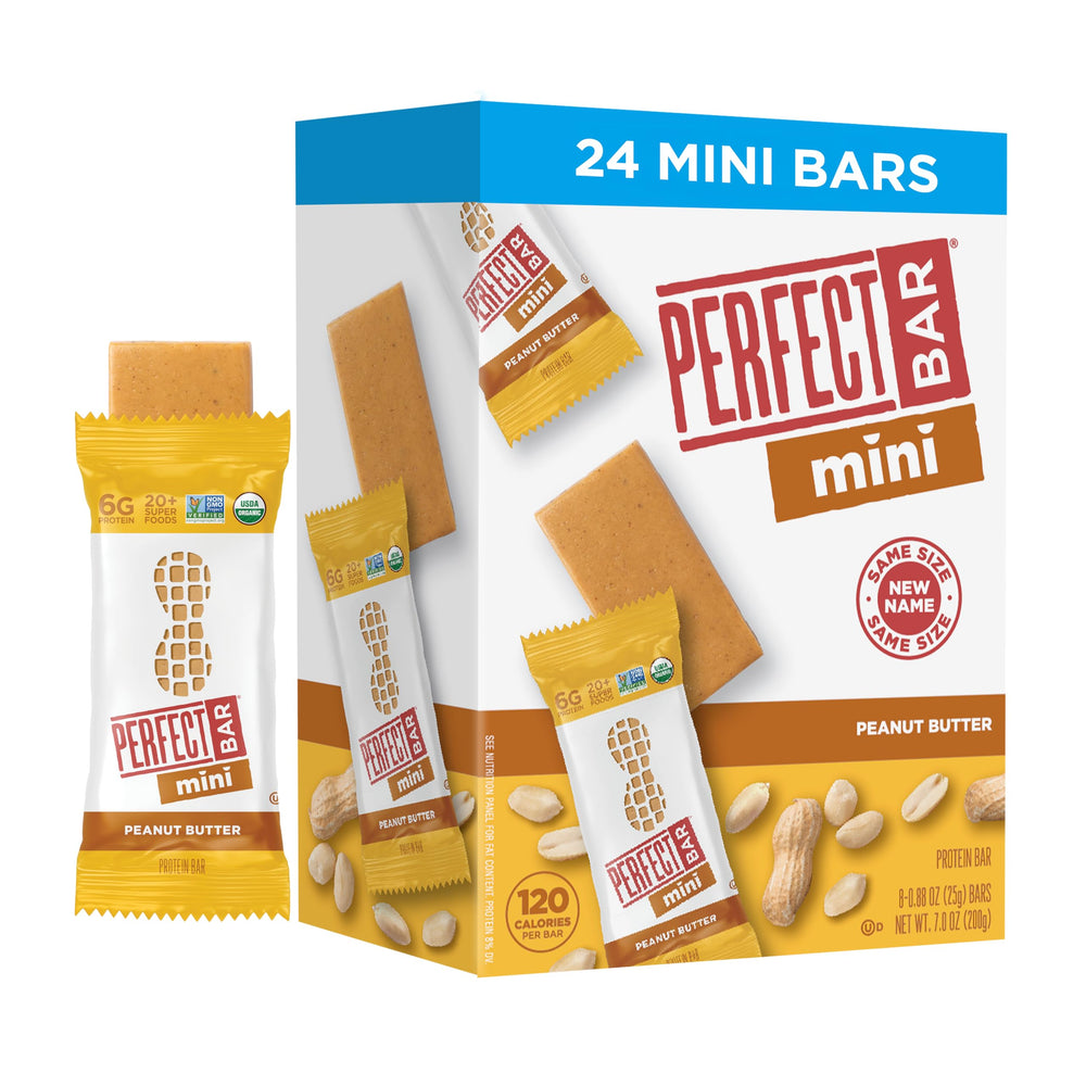 Perfect Bar front packaging showing 24 mini peanut butter bars, clear convenience