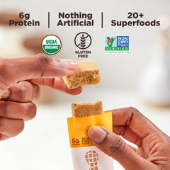 Perfect Bar ingredient spread with organic peanut butter and superfoods, highlights quality