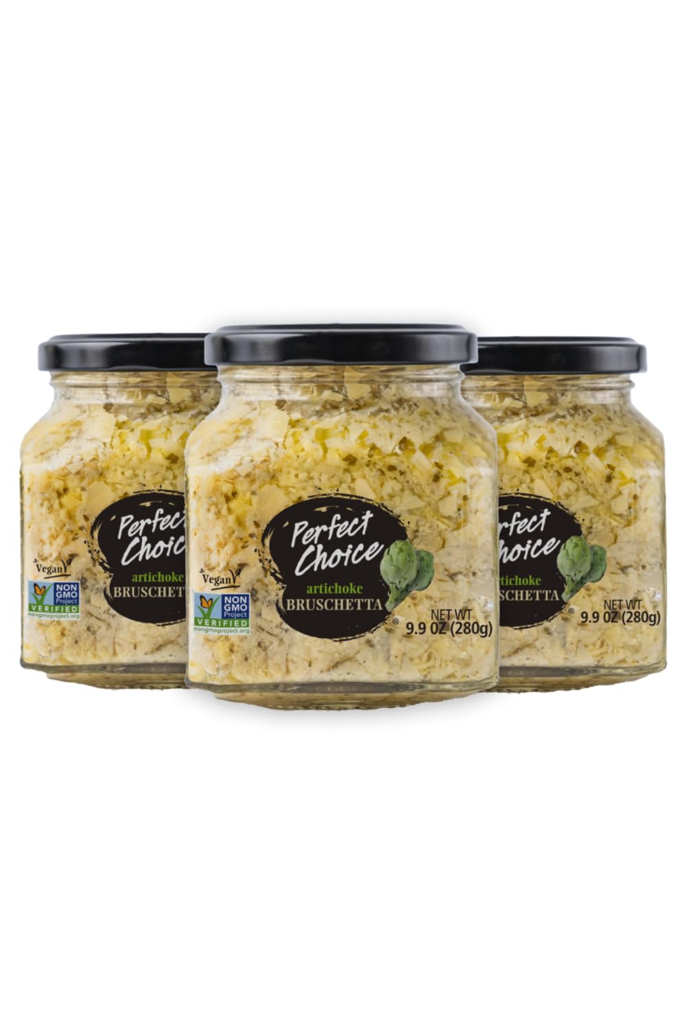Perfect Choice jar front label showing artichoke bruschetta spread and clean ingredients benefit