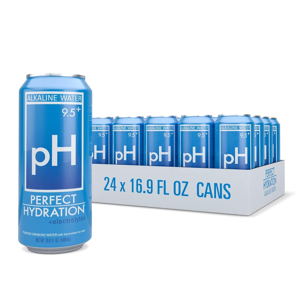 Perfect Hydration front can showing branding and 9.5+ pH, promotes clean taste