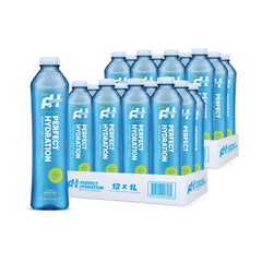 Perfect Hydration front packaging shows case of 1L bottles and brand clarity benefit