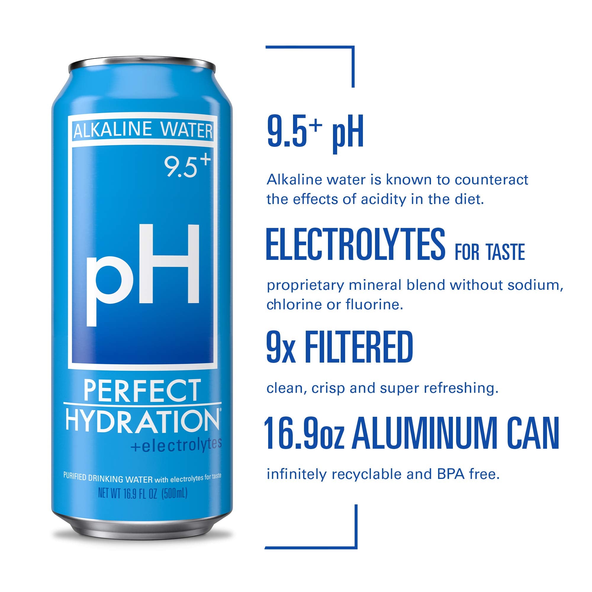 Perfect Hydration boxed pack of 24 cans stacked, illustrating bulk convenience and storage