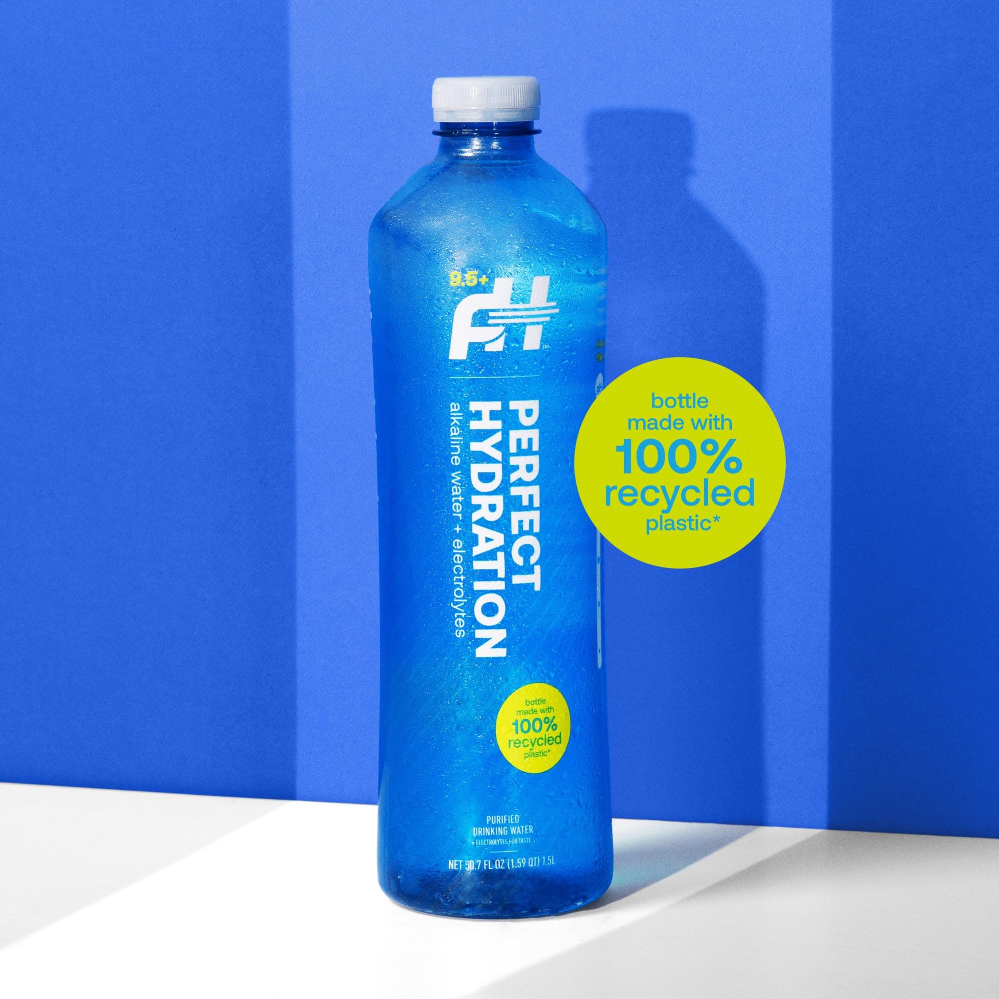 Perfect Hydration recycled PET mark close-up emphasizing 100% recycled bottle benefit