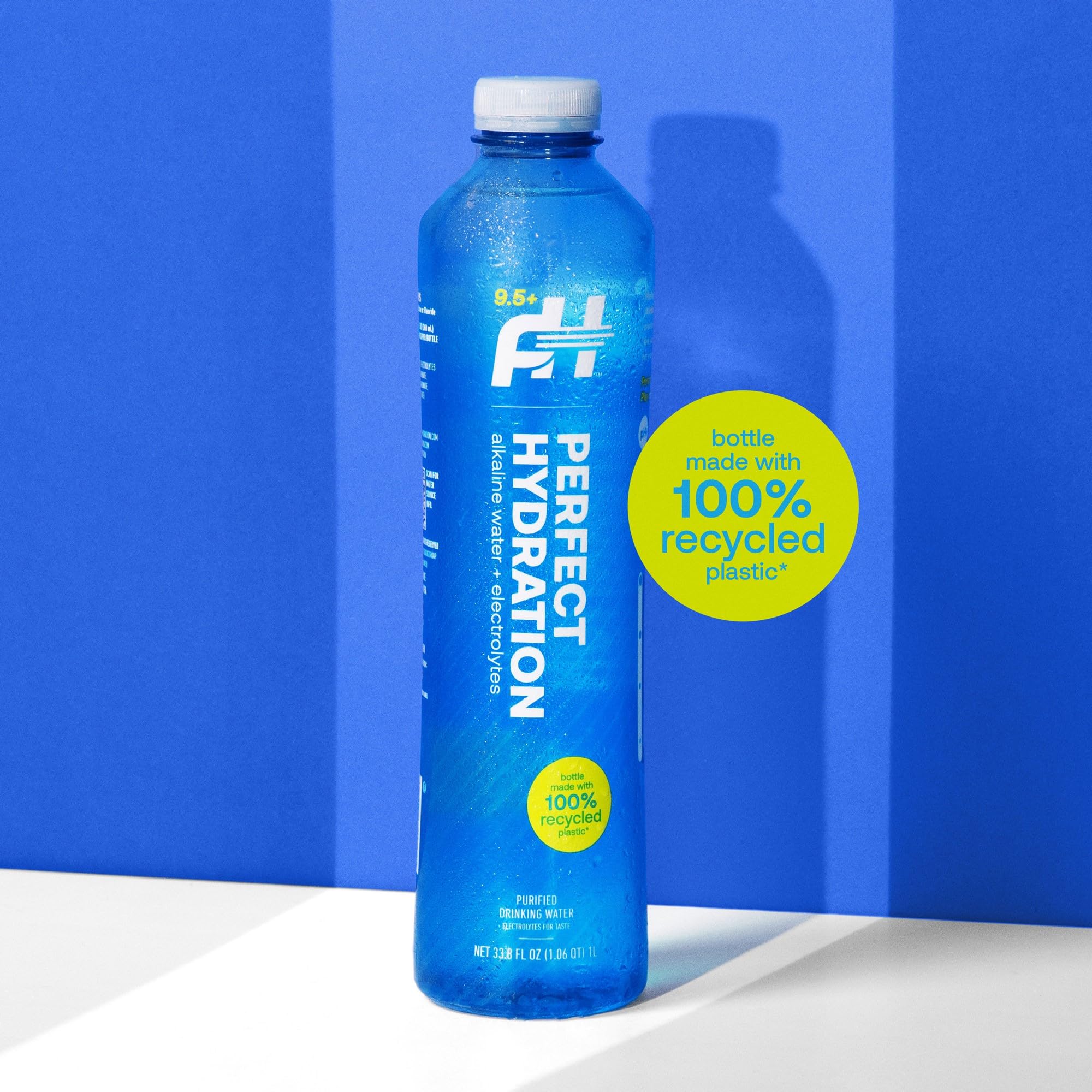 Perfect Hydration recycled plastic symbol on bottle showing eco-friendly packaging benefit