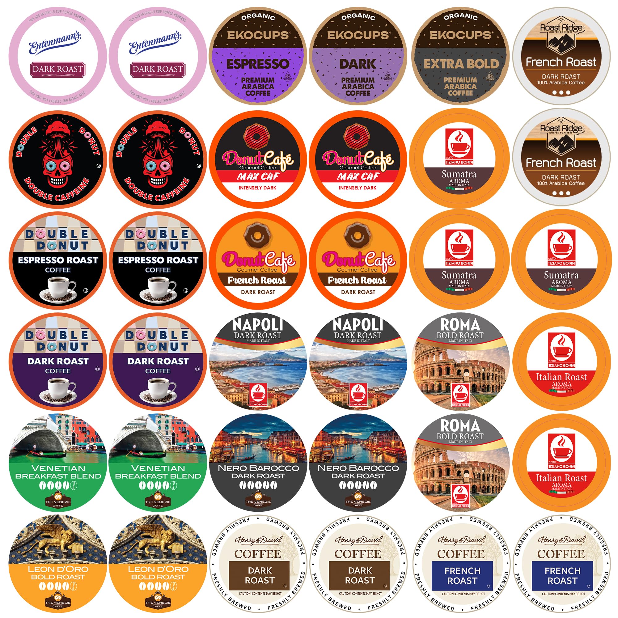 Perfect Samplers box front view showing 36 dark roast pods and branding, great for variety