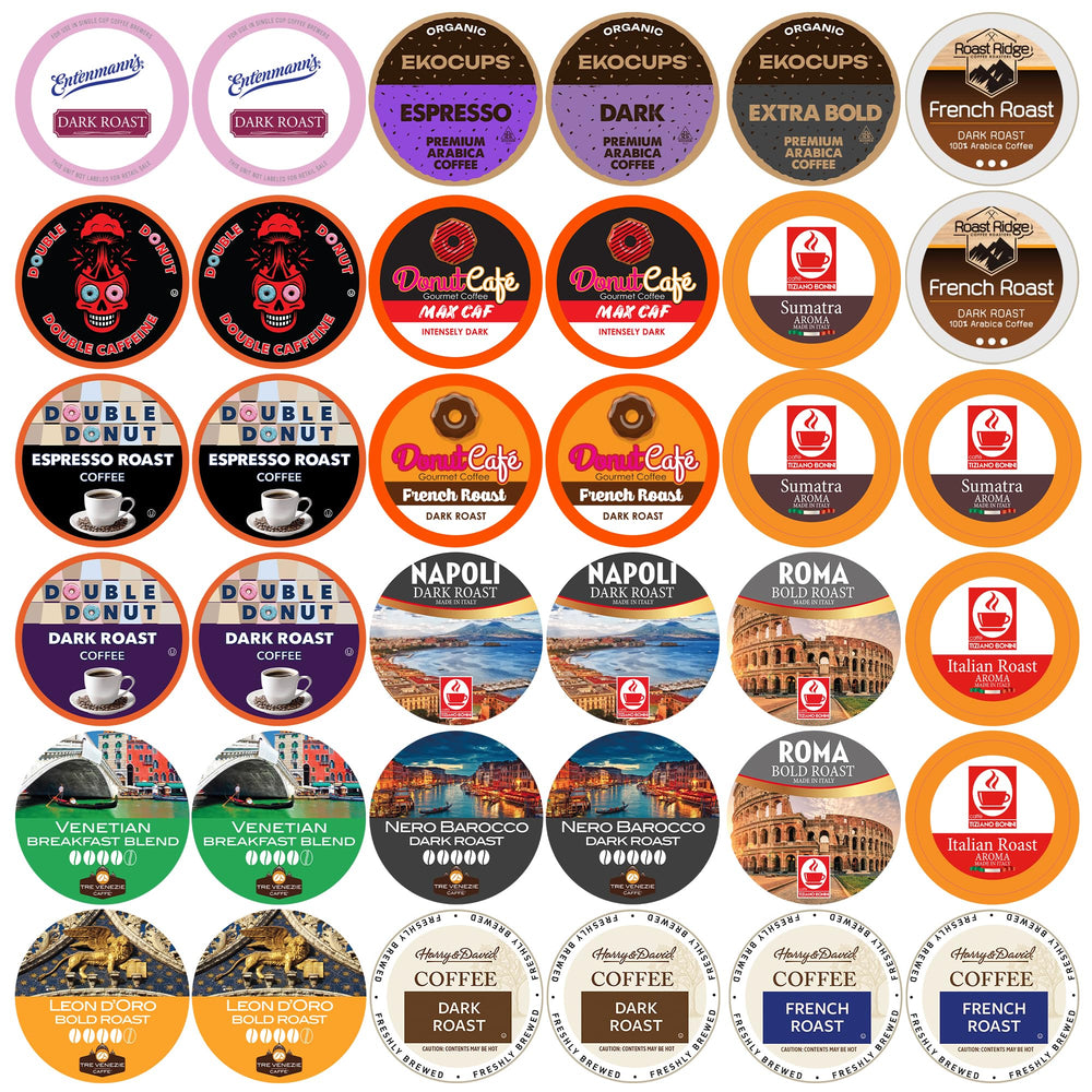 Perfect Samplers box front view showing 36 dark roast pods and branding, great for variety