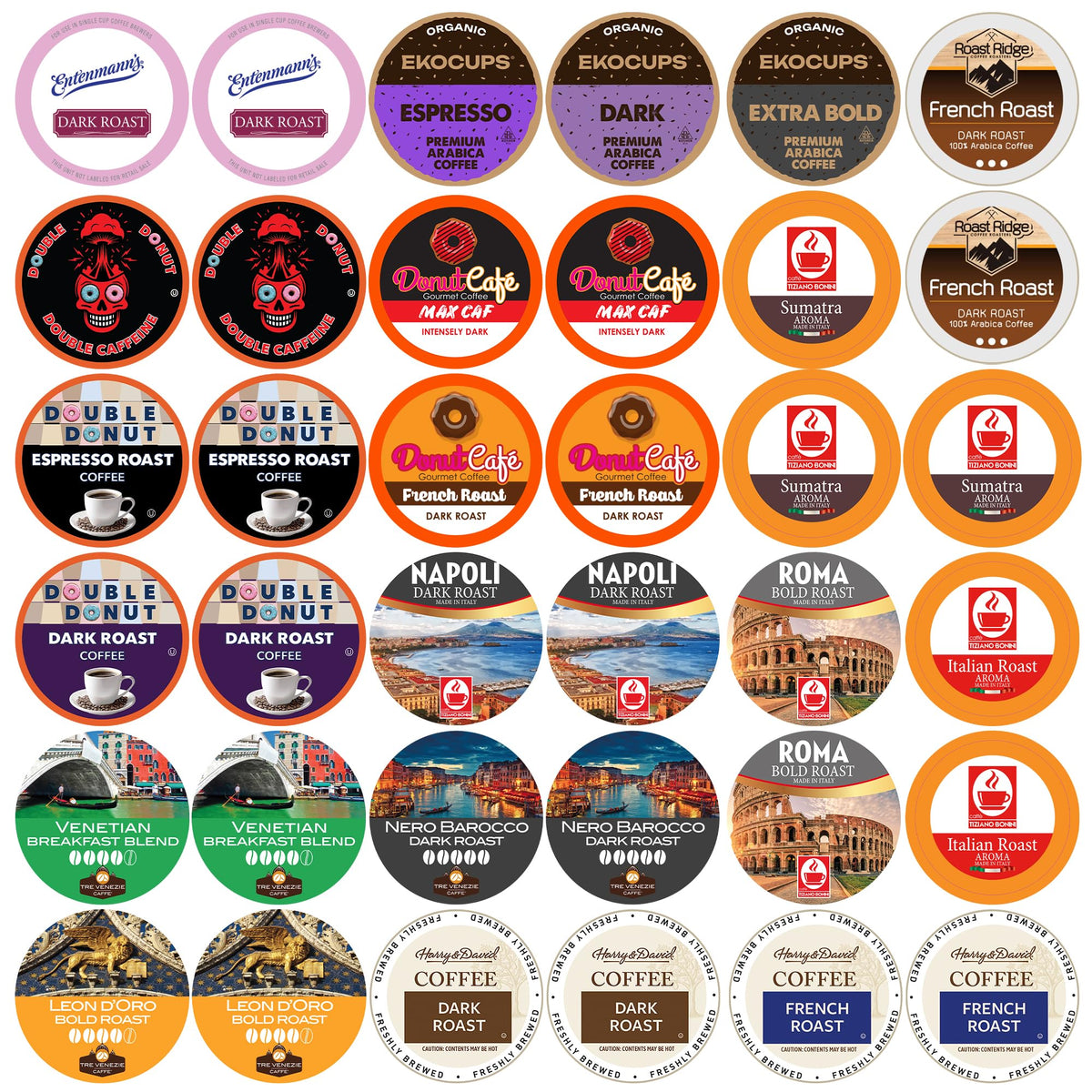 Perfect Samplers box front view showing 36 dark roast pods and branding, great for variety